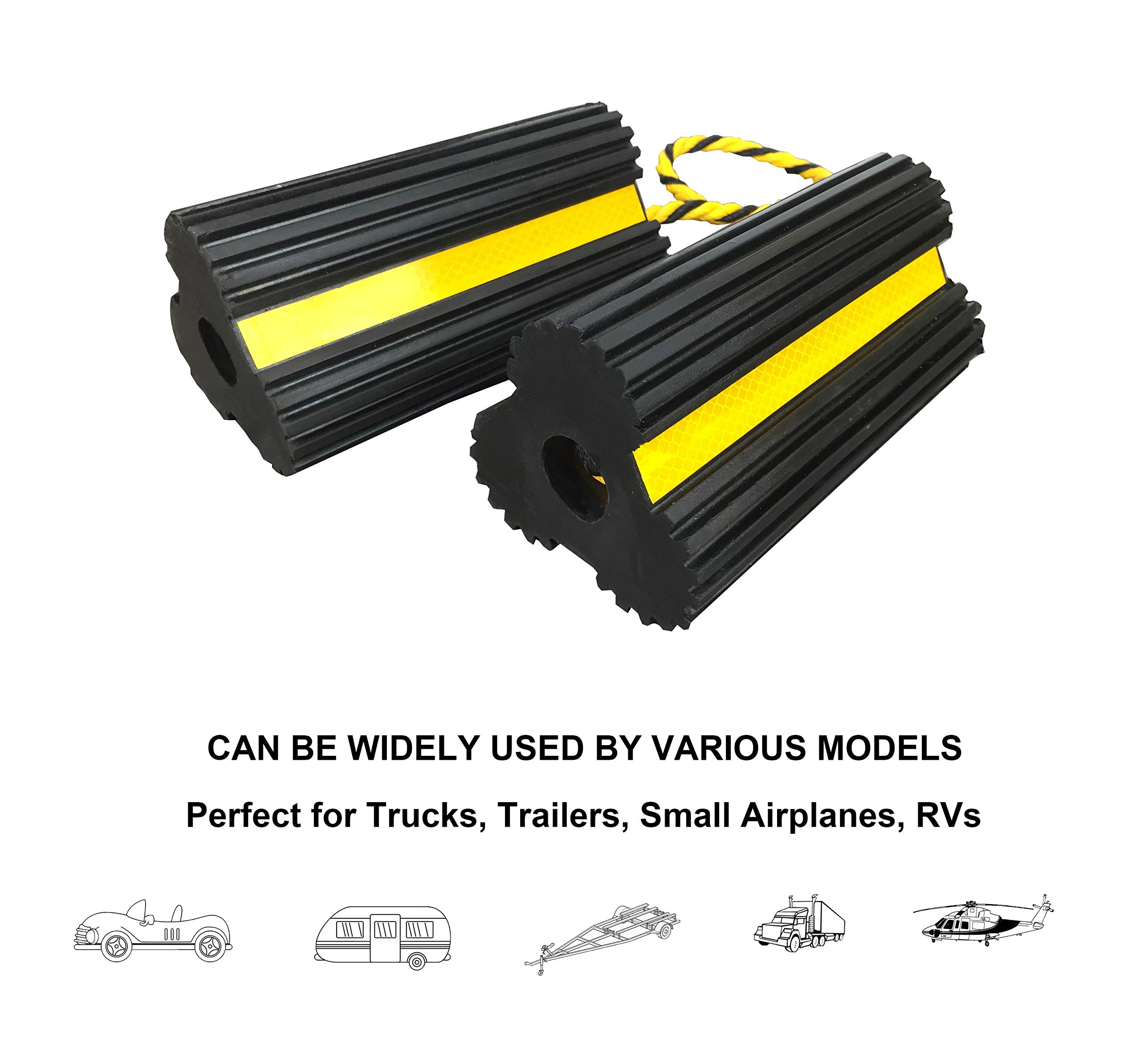 HOXWELL Heavy Duty Rubber Dual Wheel Chocks, RV Non Slip Wheel Stoppers with Nylon Rope Yellow Reflective Tape, Wheel Block for Travel Trailers, Aircraft, Car, Camper, Truck 1 Pair