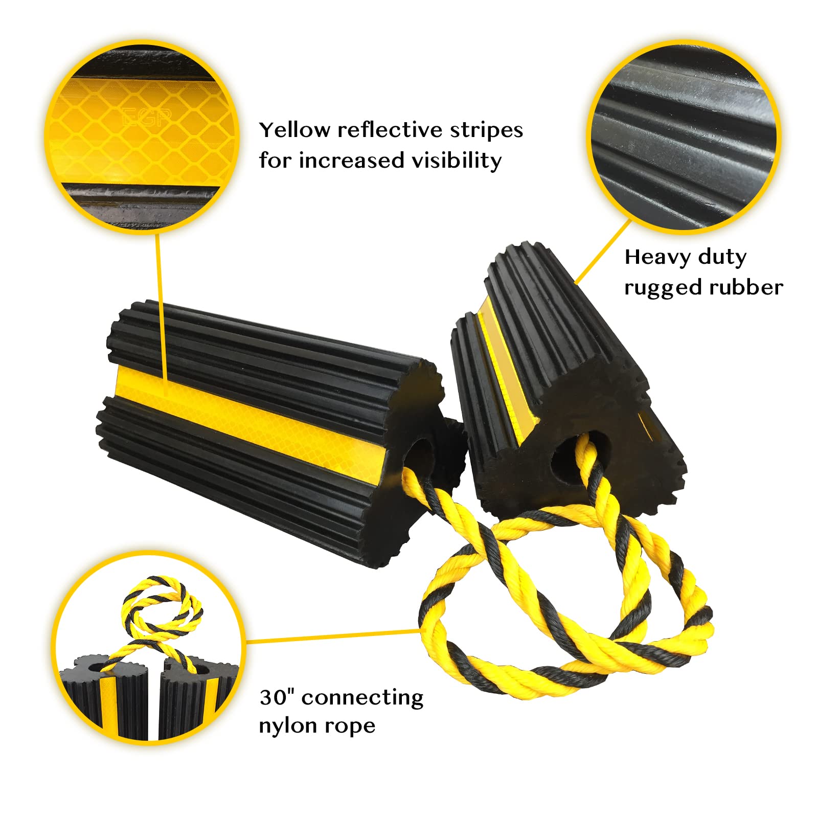 HOXWELL Heavy Duty Rubber Dual Wheel Chocks, RV Non Slip Wheel Stoppers with Nylon Rope Yellow Reflective Tape, Wheel Block for Travel Trailers, Aircraft, Car, Camper, Truck 1 Pair