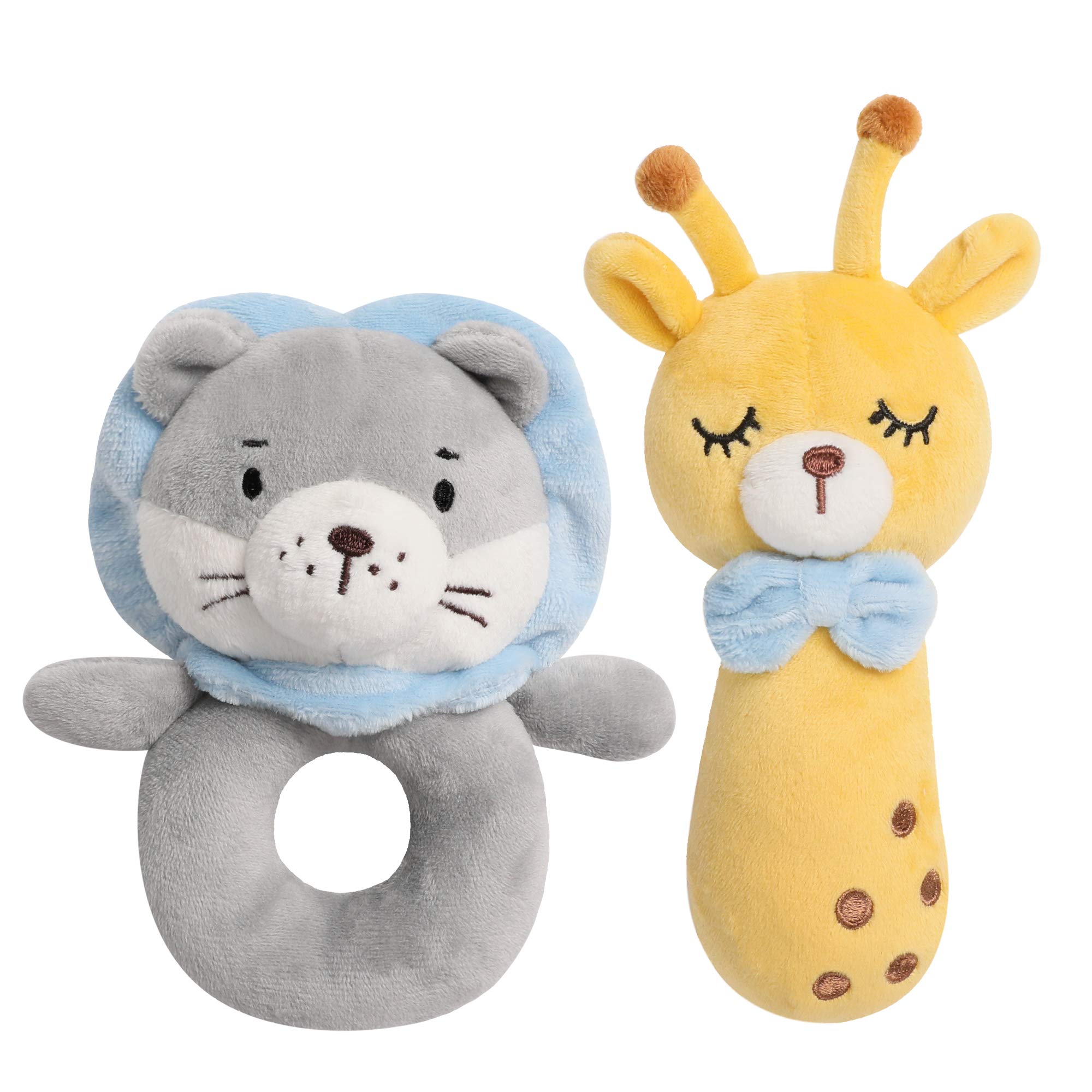 TILLYOU Plush Rattle Toys for Baby - Soft Plush Stuffed Animal Rattle for Newborns, Rattle Shaker Set for Infants, Gifts for Girls Boys, Shaker & Teether Toys for 3 6 9 12 Months, Grey(Yellow)