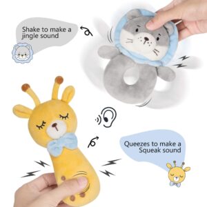 TILLYOU Plush Rattle Toys for Baby - Soft Plush Stuffed Animal Rattle for Newborns, Rattle Shaker Set for Infants, Gifts for Girls Boys, Shaker & Teether Toys for 3 6 9 12 Months, Grey(Yellow)