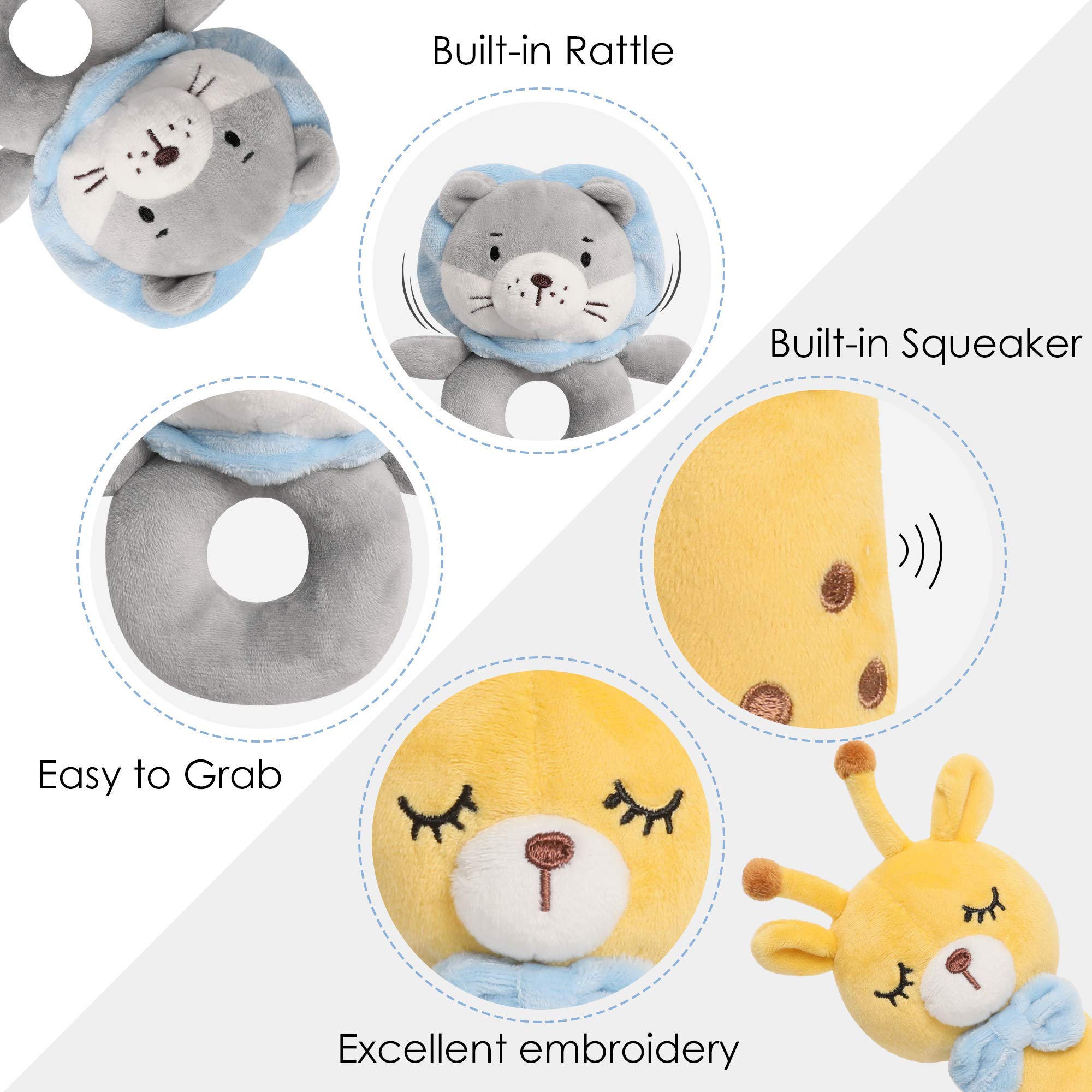 TILLYOU Plush Rattle Toys for Baby - Soft Plush Stuffed Animal Rattle for Newborns, Rattle Shaker Set for Infants, Gifts for Girls Boys, Shaker & Teether Toys for 3 6 9 12 Months, Grey(Yellow)