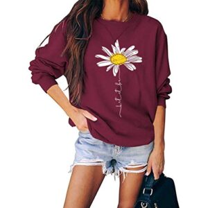 noffish women let it be daisy graphic sweatshirt casual loose long sleeve fashion tops (winered,l)