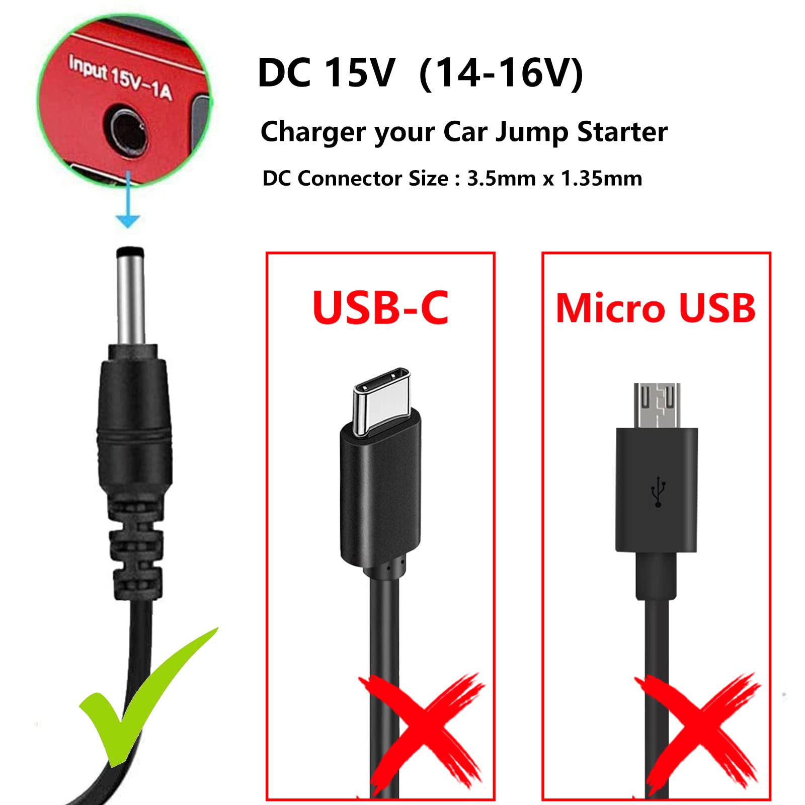 15V 1A Power Supply Charger for Car Jump Starter, Peak 450A 500A 600A 800A 1000A for Auto Battery Booster Schumacher TACKLIFE T6 DBPOWER DJS50 GOOLOO Power Supply