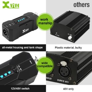 Xvive P1 Phantom Power Supply 48V/12V Switch,Up to 40 Hours of Use,Rechargeable Portable Phantom Power for Condenser/Shotgun Microphones, Mic Preamp, Recording Studios