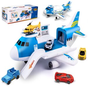 airplane toy with car toy helicopter set, take apart plane toy for boy girl toddler kids cargo transport paw patrol age 2 3 4 5 6 8 years old toddler 5 mini vehicles truck 1 large plane