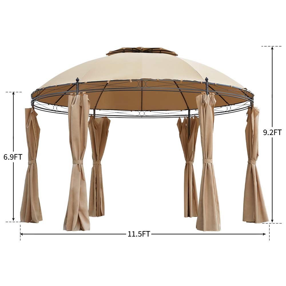 ECOTOUGE 11.5ft Outdoor Patio Gazebo Steel Round Fabric Top Anti-UV Dome Gazebo Canopy w/Ground Stake and Removable Curtains, Beige