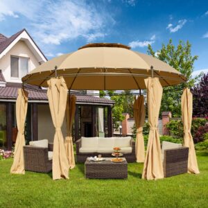 ecotouge 11.5ft outdoor patio gazebo steel round fabric top anti-uv dome gazebo canopy w/ground stake and removable curtains, beige