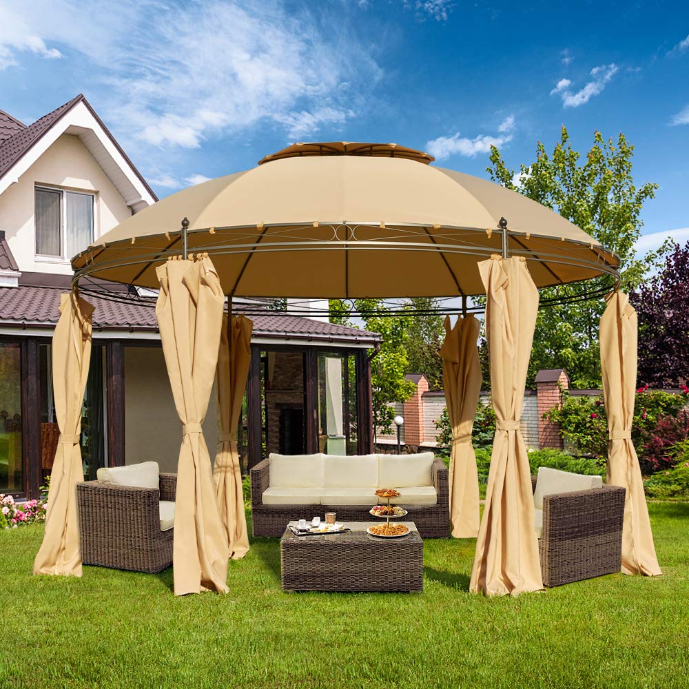 ECOTOUGE 11.5ft Outdoor Patio Gazebo Steel Round Fabric Top Anti-UV Dome Gazebo Canopy w/Ground Stake and Removable Curtains, Beige