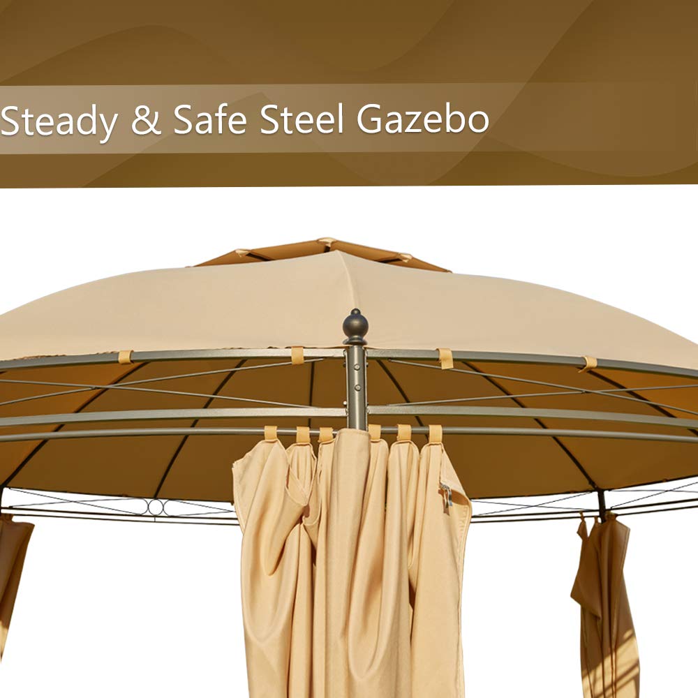 ECOTOUGE 11.5ft Outdoor Patio Gazebo Steel Round Fabric Top Anti-UV Dome Gazebo Canopy w/Ground Stake and Removable Curtains, Beige