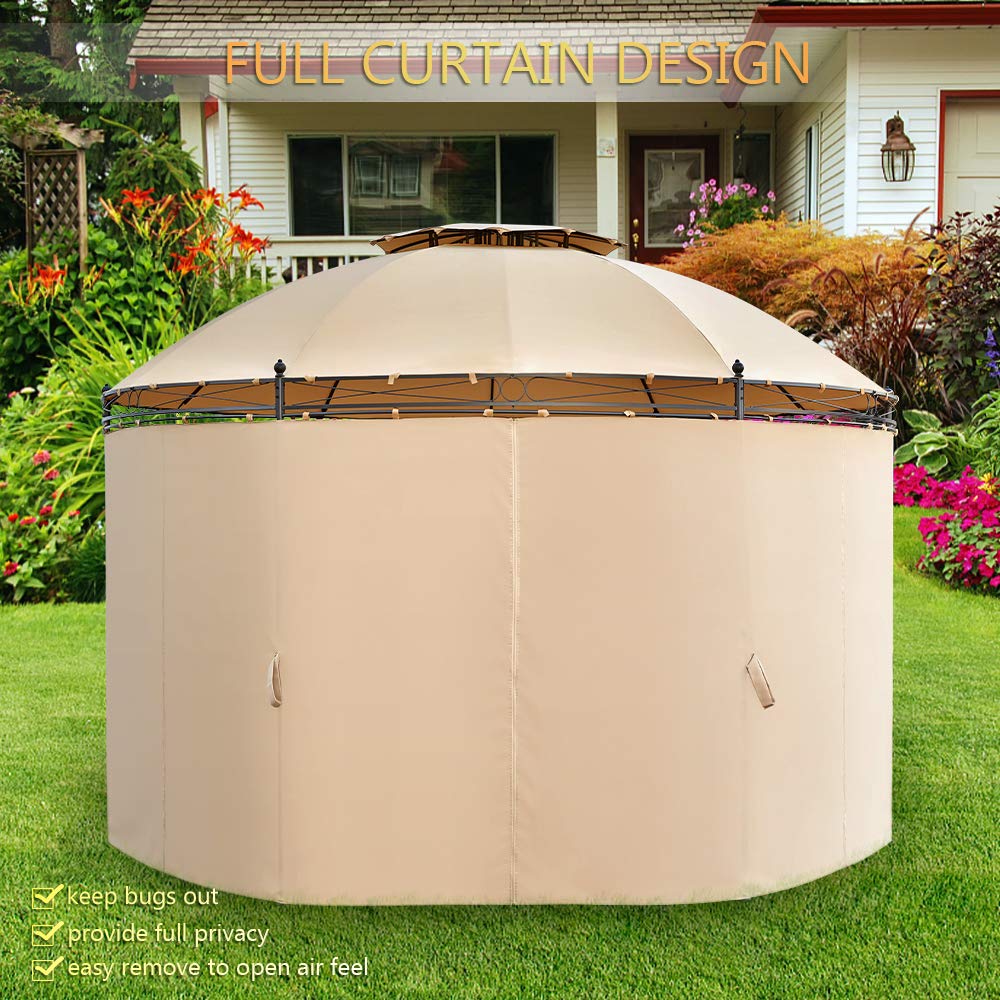 ECOTOUGE 11.5ft Outdoor Patio Gazebo Steel Round Fabric Top Anti-UV Dome Gazebo Canopy w/Ground Stake and Removable Curtains, Beige