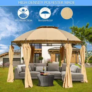 ECOTOUGE 11.5ft Outdoor Patio Gazebo Steel Round Fabric Top Anti-UV Dome Gazebo Canopy w/Ground Stake and Removable Curtains, Beige