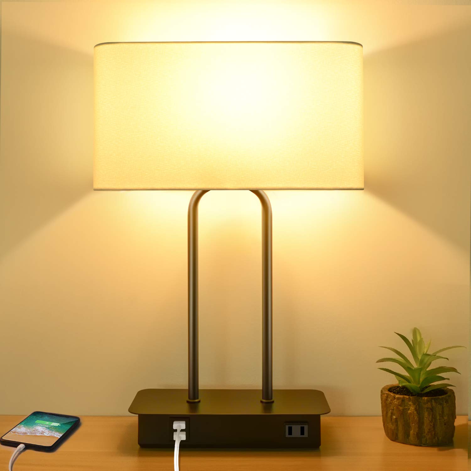 3-Way Dimmable Touch Control Table Lamp with 2 USB Ports and AC Power Outlet Modern Bedside Nightstand Lamp Fabric Shade and Metal Base for Guestroom Bedroom Living Room Hotel LED Bulb Included White