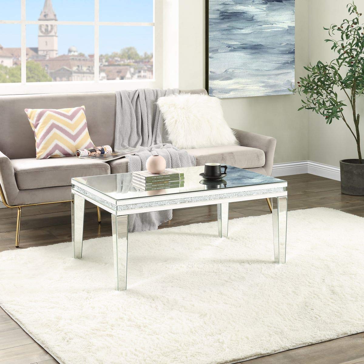 MIREO Coffee Table Mirrored with Crystal Inlay Surface, Rectangle Silver Accent Table, Modern Design Luxury Contemporary Furniture, Partially Assembled for Living Room from Furniture (Mireo-01)