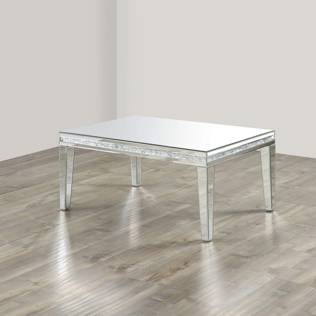 MIREO Coffee Table Mirrored with Crystal Inlay Surface, Rectangle Silver Accent Table, Modern Design Luxury Contemporary Furniture, Partially Assembled for Living Room from Furniture (Mireo-01)