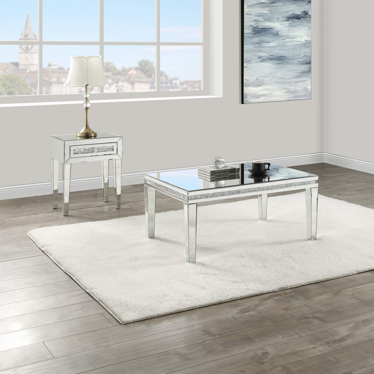 MIREO Coffee Table Mirrored with Crystal Inlay Surface, Rectangle Silver Accent Table, Modern Design Luxury Contemporary Furniture, Partially Assembled for Living Room from Furniture (Mireo-01)