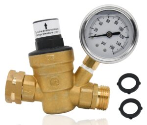 adjustable brass water pressure regulator, with gauge (0-160 psi), great for rvs and boats and plumbing fixtures from high water pressure, build-in oil (nh threads)