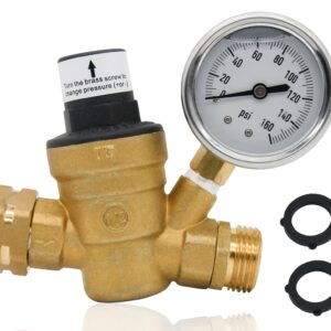 Adjustable Brass Water Pressure Regulator, with Gauge (0-160 PSI), Great for RVs and Boats and Plumbing Fixtures From High Water Pressure, Build-in Oil (NH Threads)