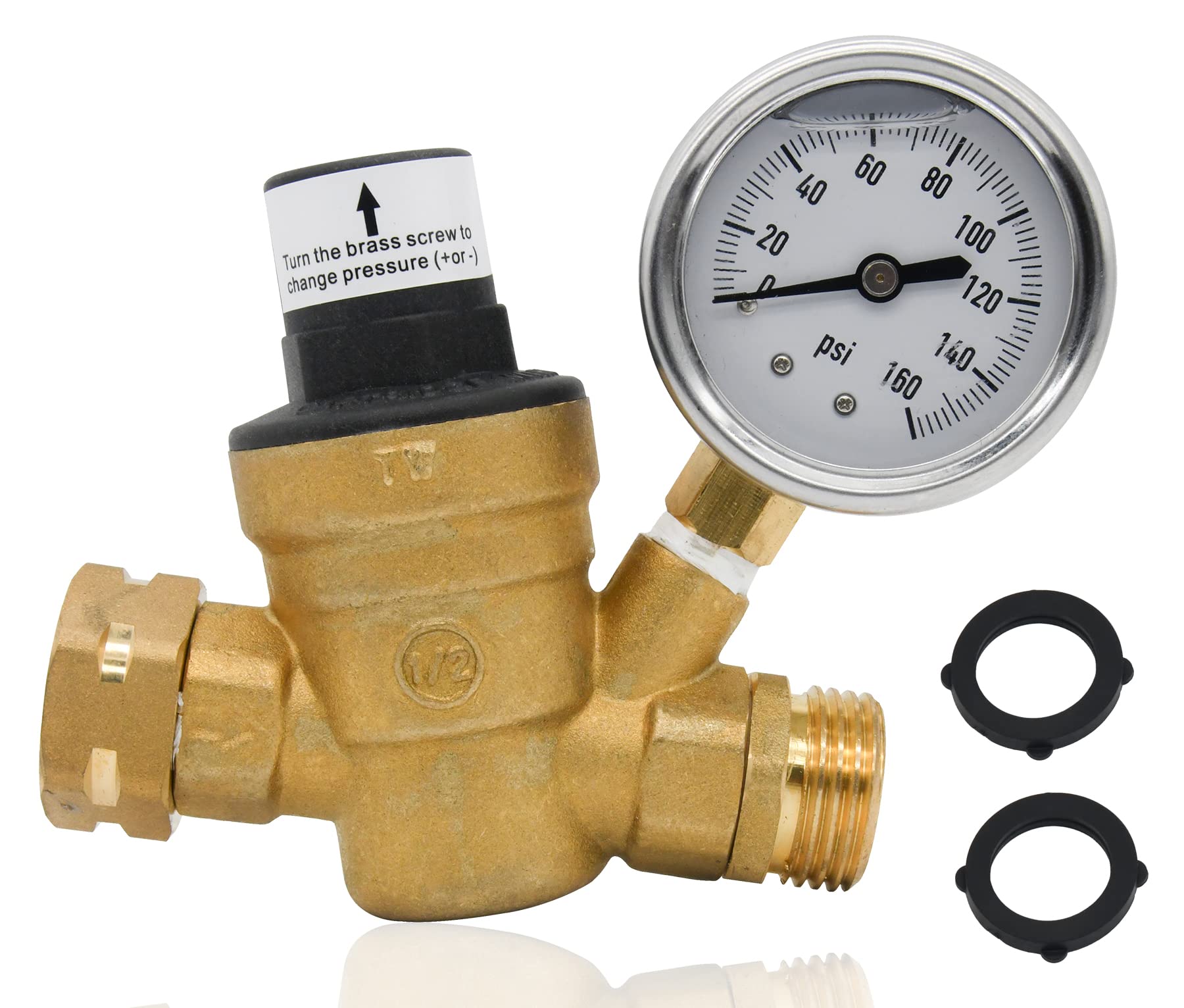 Adjustable Brass Water Pressure Regulator, with Gauge (0-160 PSI), Great for RVs and Boats and Plumbing Fixtures From High Water Pressure, Build-in Oil (NH Threads)