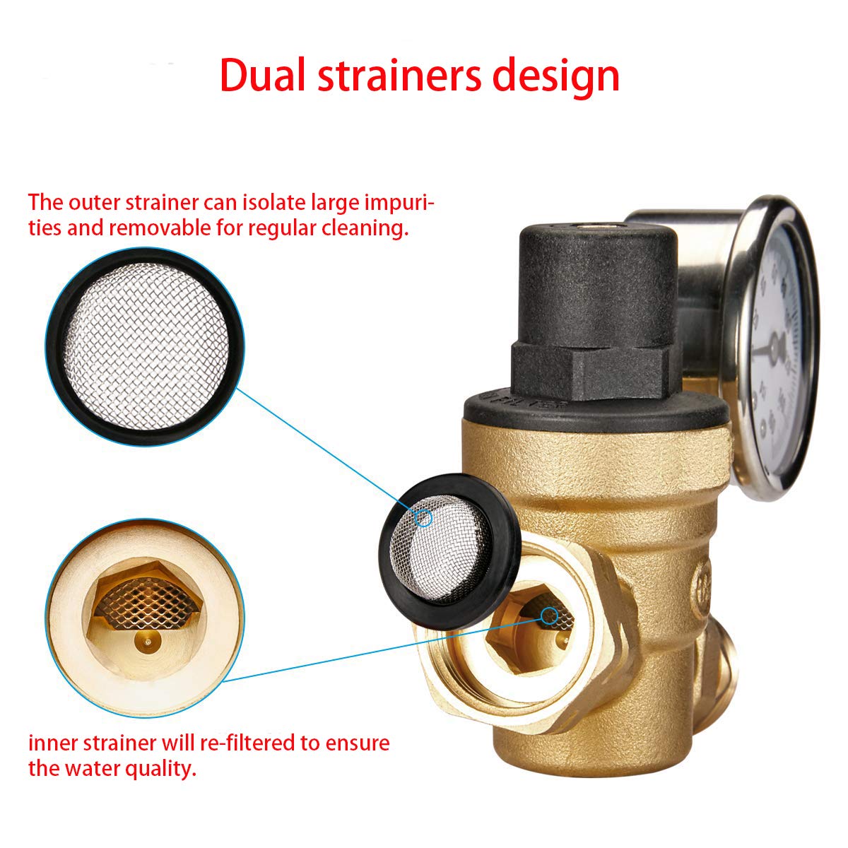 Adjustable Brass Water Pressure Regulator, with Gauge (0-160 PSI), Great for RVs and Boats and Plumbing Fixtures From High Water Pressure, Build-in Oil (NH Threads)