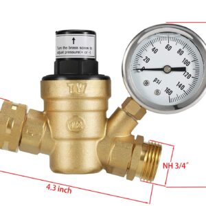 Adjustable Brass Water Pressure Regulator, with Gauge (0-160 PSI), Great for RVs and Boats and Plumbing Fixtures From High Water Pressure, Build-in Oil (NH Threads)