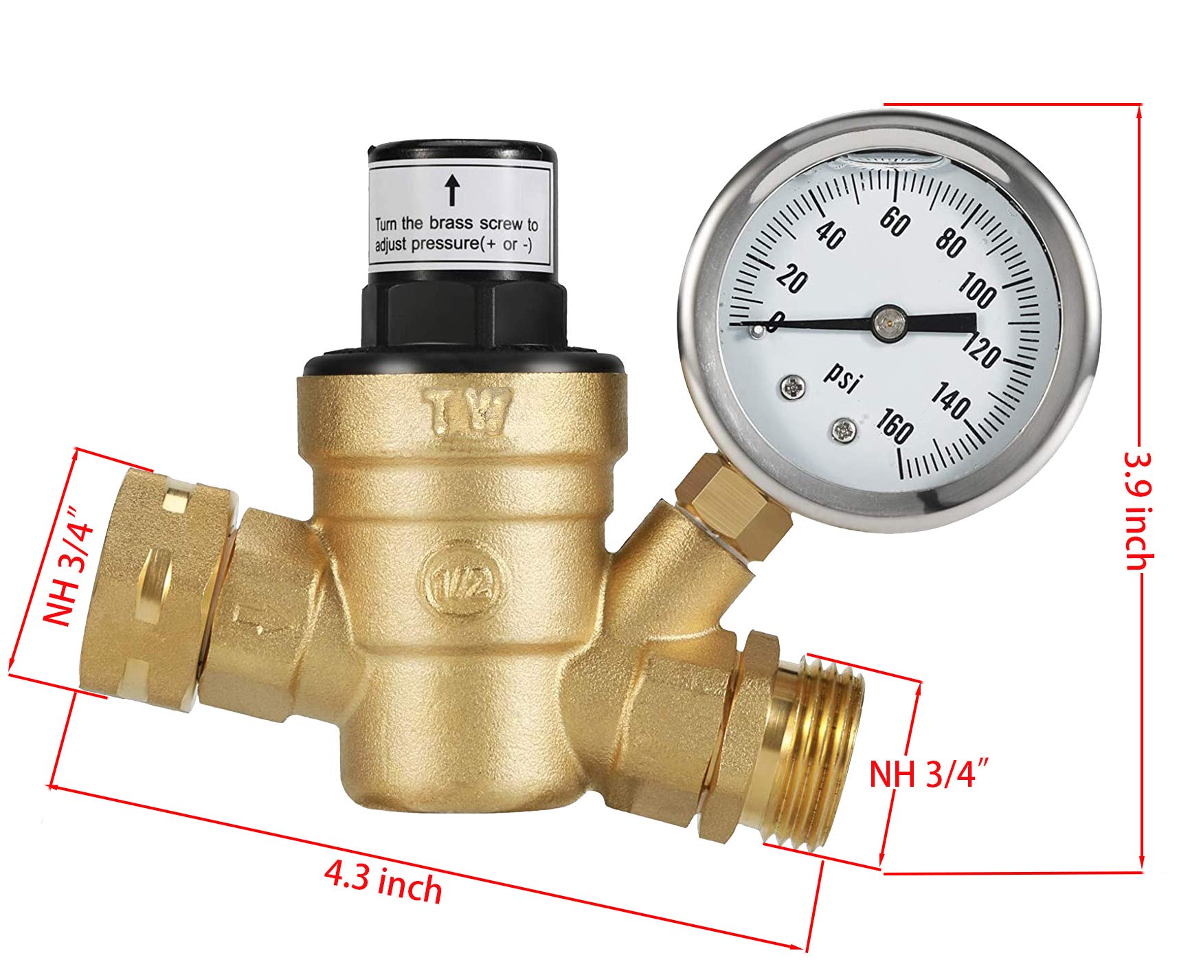 Adjustable Brass Water Pressure Regulator, with Gauge (0-160 PSI), Great for RVs and Boats and Plumbing Fixtures From High Water Pressure, Build-in Oil (NH Threads)