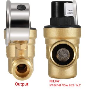 Adjustable Brass Water Pressure Regulator, with Gauge (0-160 PSI), Great for RVs and Boats and Plumbing Fixtures From High Water Pressure, Build-in Oil (NH Threads)