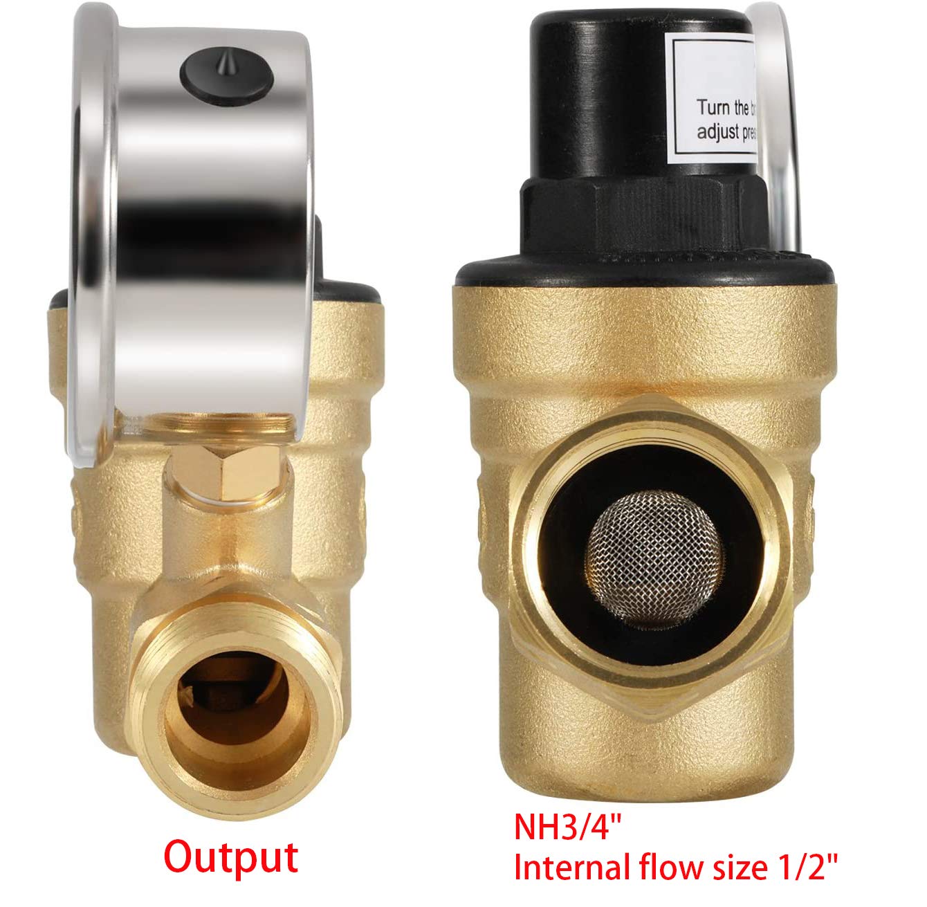 Adjustable Brass Water Pressure Regulator, with Gauge (0-160 PSI), Great for RVs and Boats and Plumbing Fixtures From High Water Pressure, Build-in Oil (NH Threads)