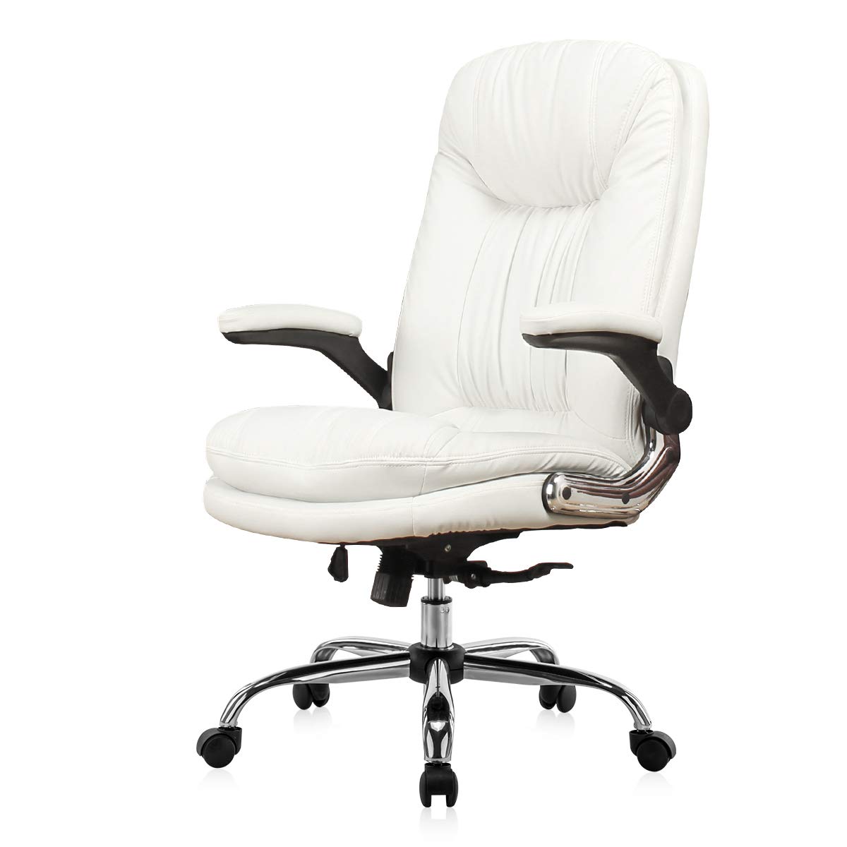 YAMASORO Ergonomic Executive Office Chair White High Back Leather Computer Chair Office Desk Chair with Flip-Up Arms and Comfy Headrest