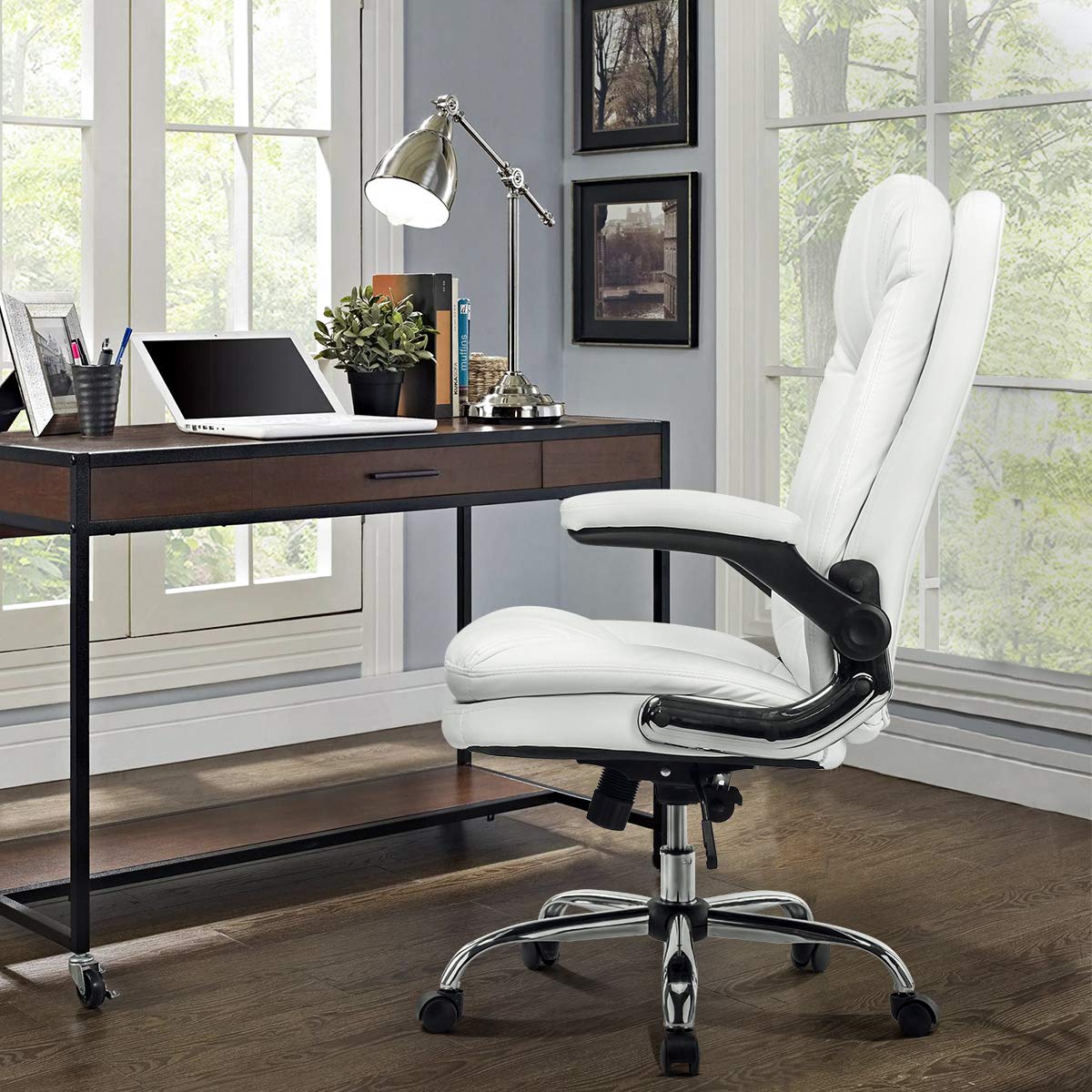 YAMASORO Ergonomic Executive Office Chair White High Back Leather Computer Chair Office Desk Chair with Flip-Up Arms and Comfy Headrest