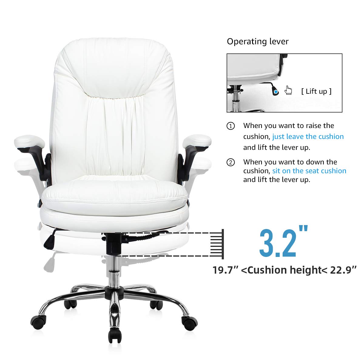 YAMASORO Ergonomic Executive Office Chair White High Back Leather Computer Chair Office Desk Chair with Flip-Up Arms and Comfy Headrest