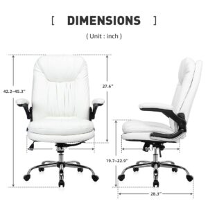 YAMASORO Ergonomic Executive Office Chair White High Back Leather Computer Chair Office Desk Chair with Flip-Up Arms and Comfy Headrest