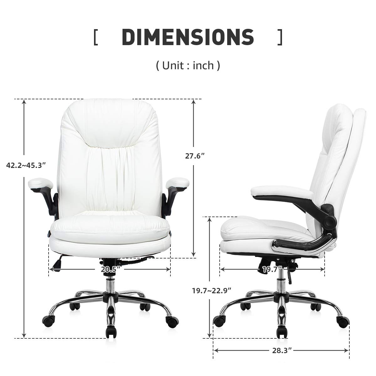 YAMASORO Ergonomic Executive Office Chair White High Back Leather Computer Chair Office Desk Chair with Flip-Up Arms and Comfy Headrest