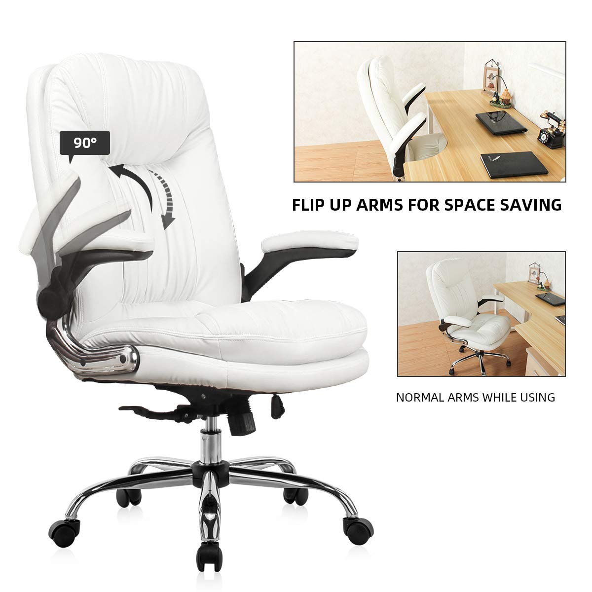 YAMASORO Ergonomic Executive Office Chair White High Back Leather Computer Chair Office Desk Chair with Flip-Up Arms and Comfy Headrest