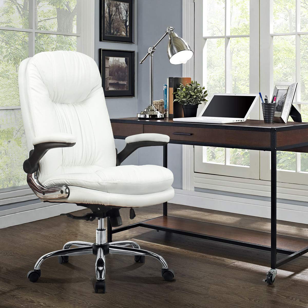 YAMASORO Ergonomic Executive Office Chair White High Back Leather Computer Chair Office Desk Chair with Flip-Up Arms and Comfy Headrest