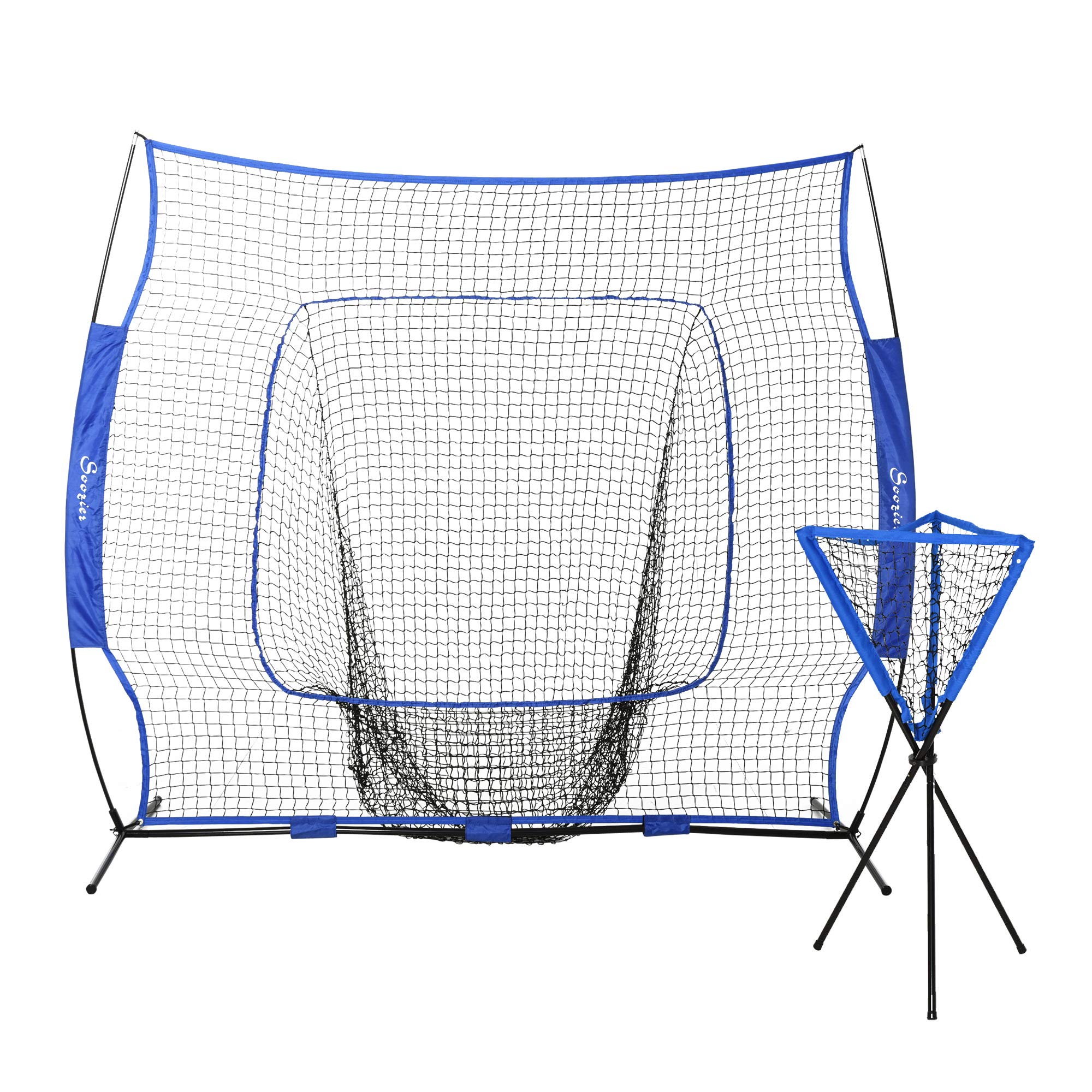 Soozier Baseball Practice Net Set with 7.5x7ft Catcher Net, Ball Caddy, Portable Baseball Practice Equipment with for Hitting, Pitching, Batting, Catching, Blue