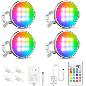 myplus under cabinet lighting kit, rgb puck lights with remote control color changing and bright leds,12v, 7.5w plug-in wired led lighting kit for cabinet, counter, closet, shelf, display case