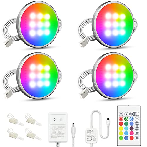 MYPLUS Under Cabinet Lighting Kit, RGB Puck Lights with Remote Control Color Changing and Bright LEDs,12V, 7.5W Plug-in Wired led Lighting kit for Cabinet, Counter, Closet, Shelf, Display Case