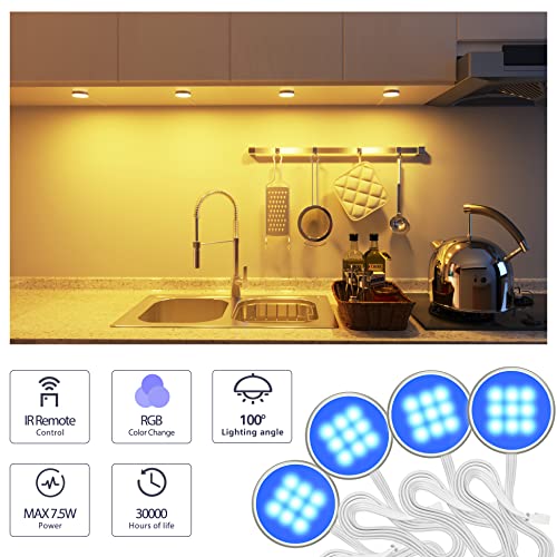 MYPLUS Under Cabinet Lighting Kit, RGB Puck Lights with Remote Control Color Changing and Bright LEDs,12V, 7.5W Plug-in Wired led Lighting kit for Cabinet, Counter, Closet, Shelf, Display Case