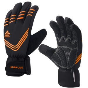 htzploo winter bike gloves cycling gloves for men waterproof&windproof biking gloves anti-slip shock-absorbing full finger flexible bicycle gloves (orange-full finger, large)
