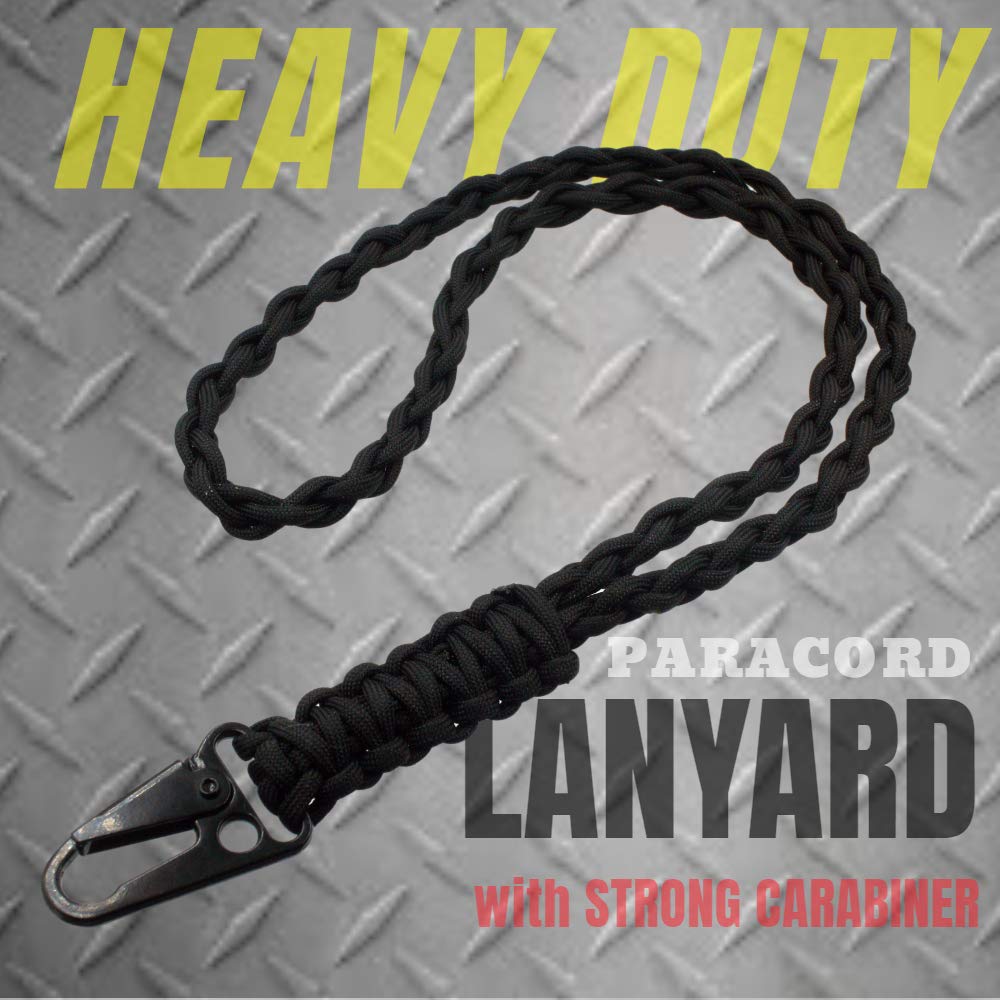 Military Grade Heavy Duty Paracord Lanyard Necklace Keychain Whistles Wrist Strap Parachute Rope Badge Cellphone Waterproof Holder Metal HK Clip Hook Outdoor Survival Men (Black)