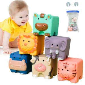 jetm·hh baby blocks - soft building blocks toys for 6 months up toddlers-soft blocks for toddlers - silicone bath toys - teething chewable squeeze 6 pcs adorable animals shapes set