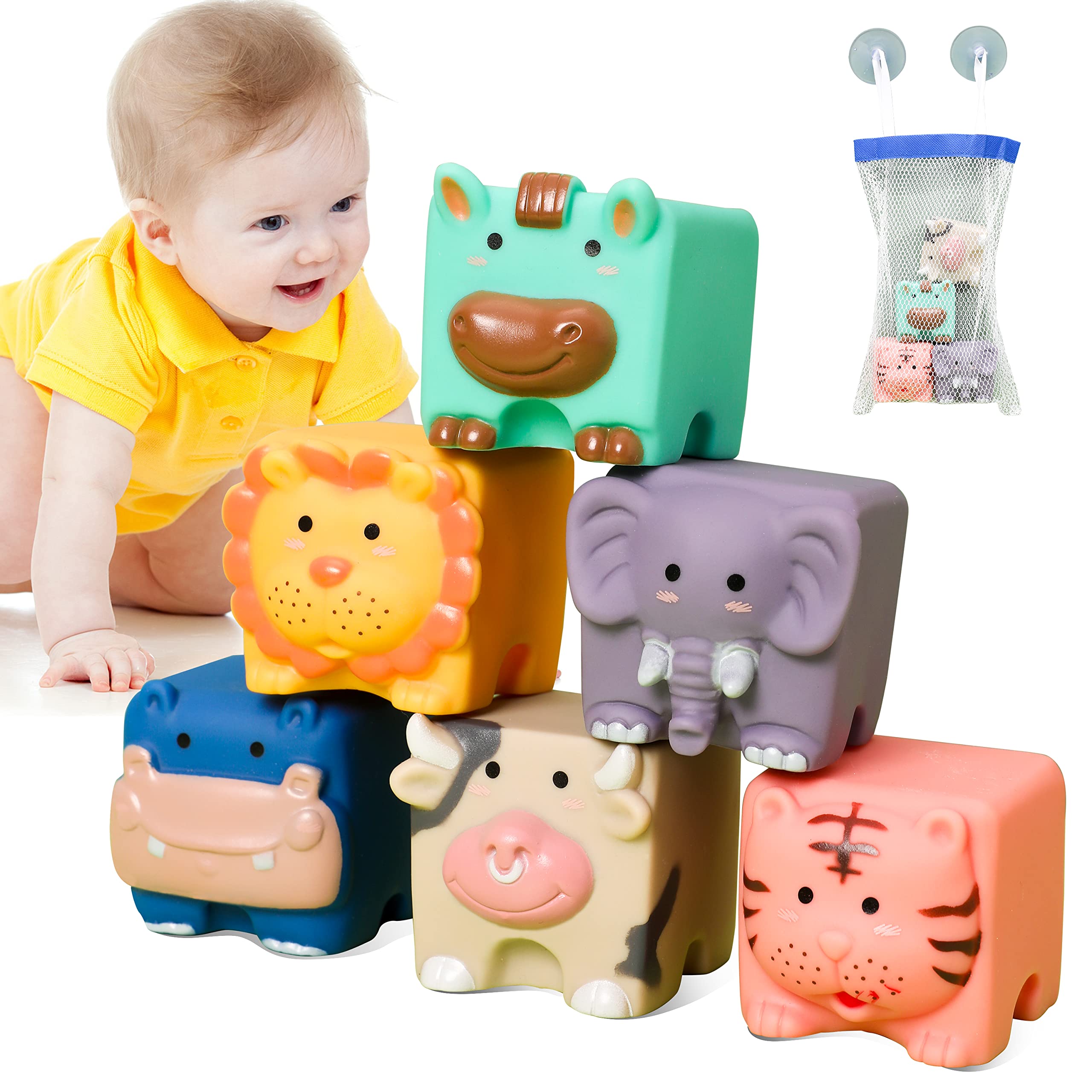 JETM·HH Baby Blocks - Soft Building Blocks Toys for 6 Months Up Toddlers-Soft Blocks for Toddlers - Silicone Bath Toys - Teething Chewable Squeeze 6 PCS Adorable Animals Shapes Set