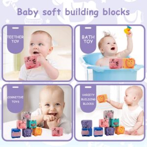 JETM·HH Baby Blocks - Soft Building Blocks Toys for 6 Months Up Toddlers-Soft Blocks for Toddlers - Silicone Bath Toys - Teething Chewable Squeeze 6 PCS Adorable Animals Shapes Set