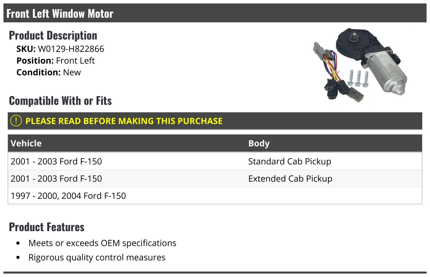 Marketplace Auto Parts Front Left Driver Side Power Window Motor - Compatible With 1997-2004 Ford F-150