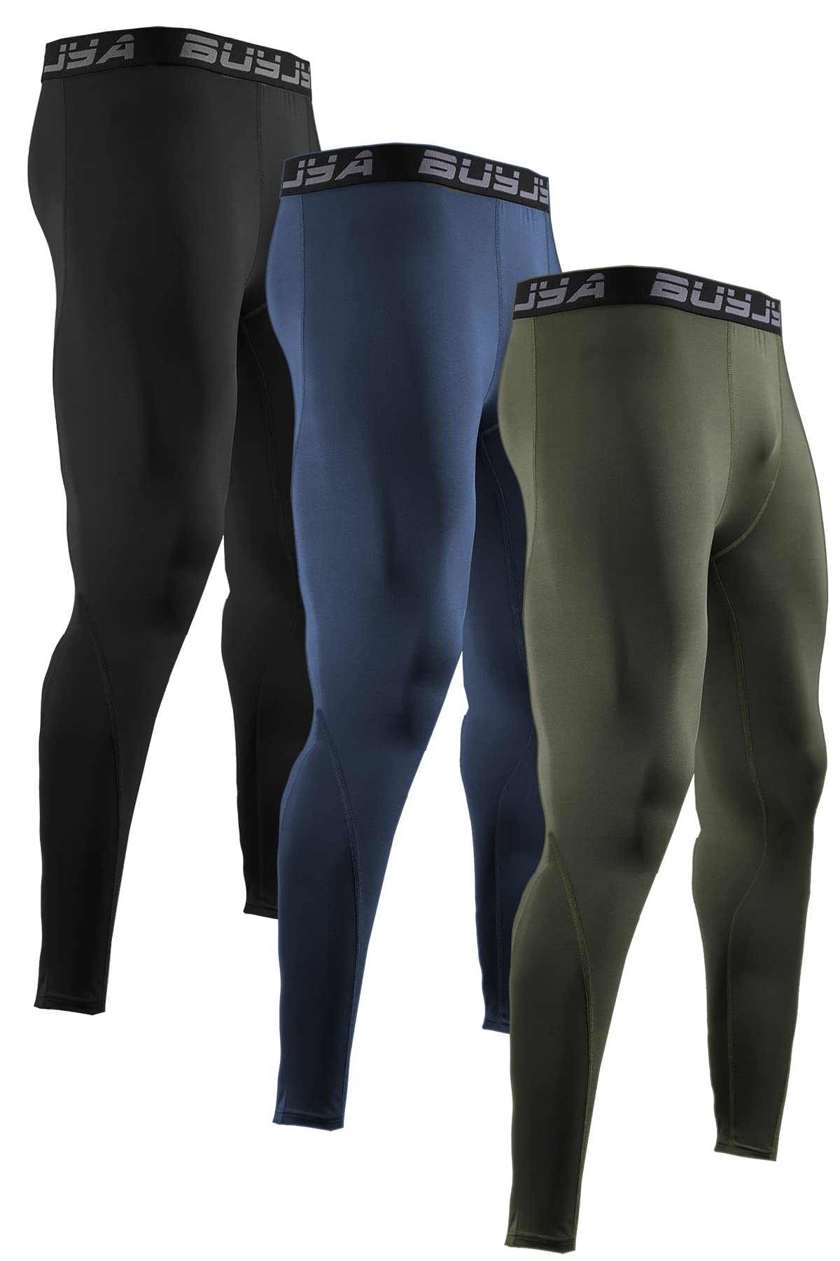 BUYJYA 3 Pack Men's Compression Pants Running Tights Workout Leggings Athletic Cool Dry Yoga Gym Clothes (Blue-Army Green-Black, L)