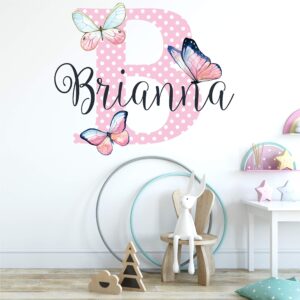 girls nursery printed pink and white polka dots watercolor butterflies custom personalized name and initial vinyl wall decal, decor wall sticker (medium)