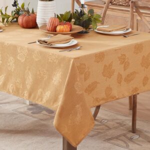 Newbridge Tremont Leaf Damask, Fabric Tablecloth, Swirling Leaves Damask, Print, Soil Resistant, Easy Care Tablecloth, 60 Inch x 144 Inch Rectangle, Gold