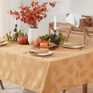 Newbridge Tremont Leaf Damask, Fabric Tablecloth, Swirling Leaves Damask, Print, Soil Resistant, Easy Care Tablecloth, 60 Inch x 144 Inch Rectangle, Gold