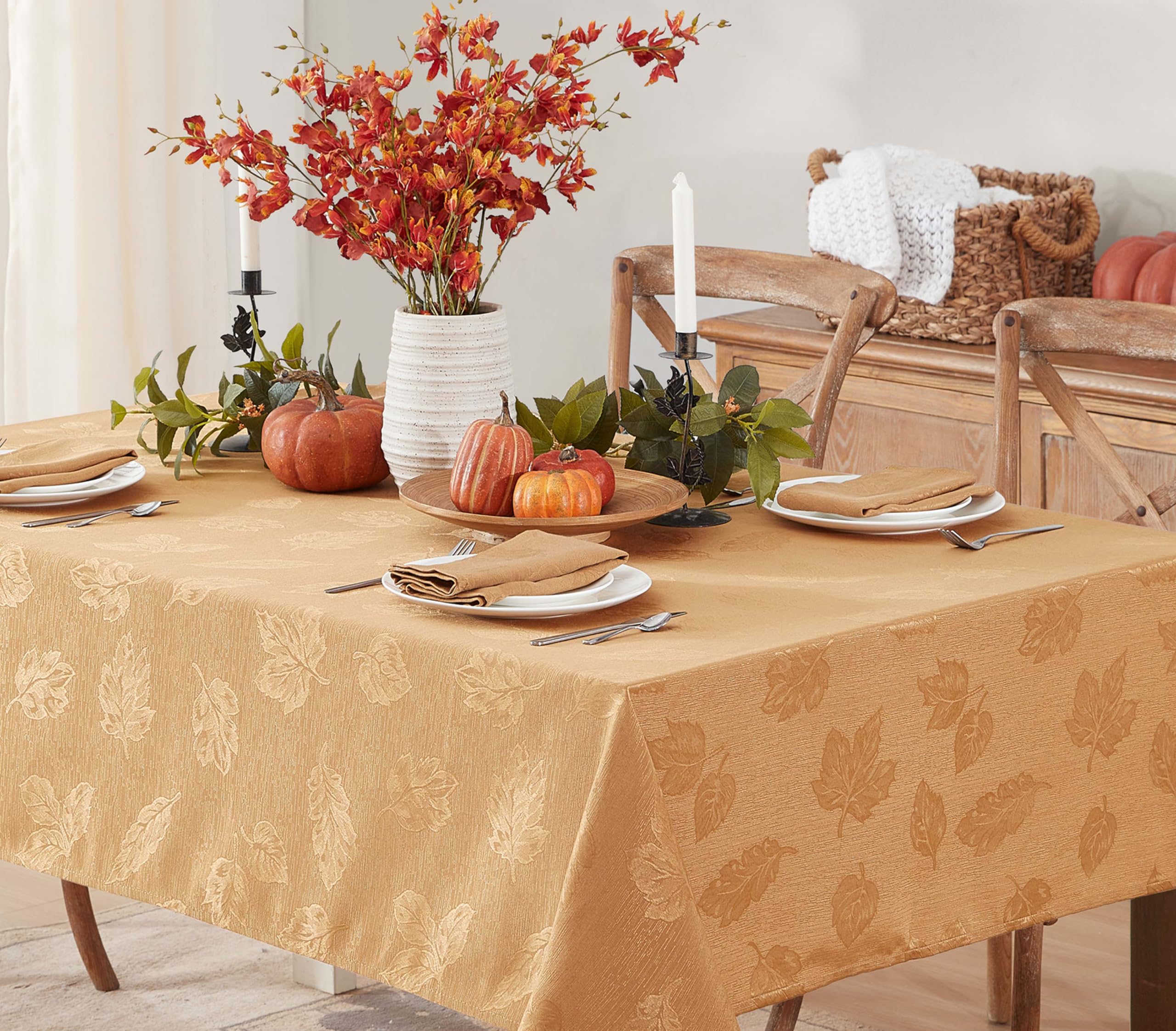 Newbridge Tremont Leaf Damask, Fabric Tablecloth, Swirling Leaves Damask, Print, Soil Resistant, Easy Care Tablecloth, 60 Inch x 144 Inch Rectangle, Gold