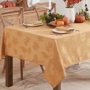 Newbridge Tremont Leaf Damask, Fabric Tablecloth, Swirling Leaves Damask, Print, Soil Resistant, Easy Care Tablecloth, 60 Inch x 144 Inch Rectangle, Gold